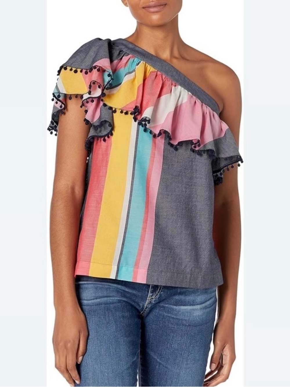 Trina Turk XS Multicolor Stripe Linen Cotton Ruffle Pom Pom Top